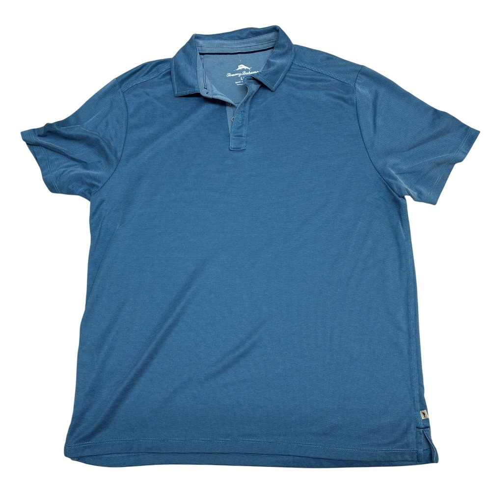 Tommy Bahama Mens Blue Micro Stripe Short Sleeve‎ Polo Shirt Large L Performance